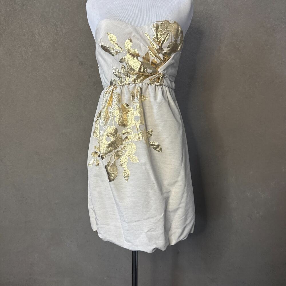 TIBI New York Ivory Gold Foil Floral Strapless Bubble Hem Mini Dress 2